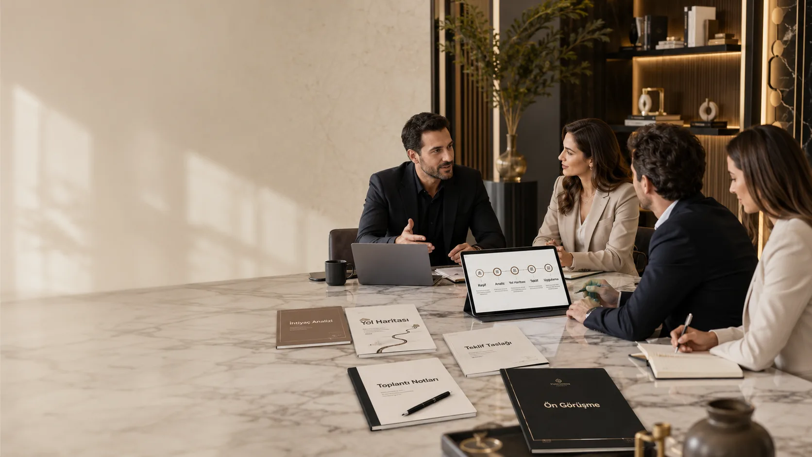 Sleek, minimalist conference room with glass walls, long table, and office chairs.